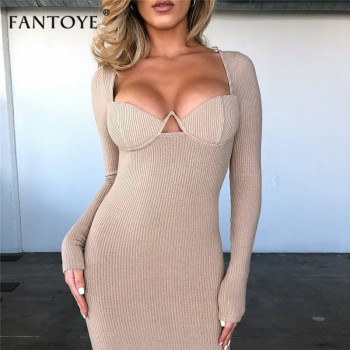 Knitted Deep V-Neck Sexy Bodycon Dress Women White Long Sleeve Bandage Pencil Dress
